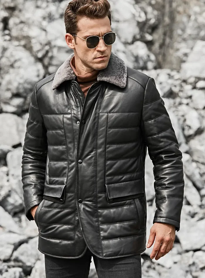 Mens Black Real Leather With Fur Collar Puffer Coat