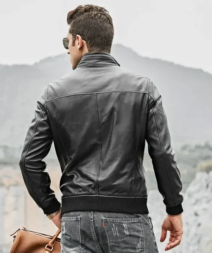 Men’s Stand Collar Real Moto Leather Jacket