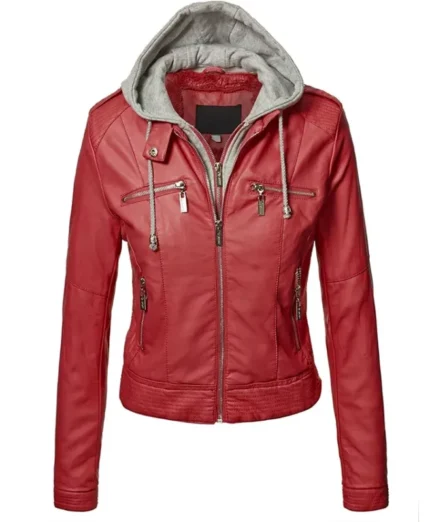 Mens and Womens Slim Fit Hooded Red Leather Jacket