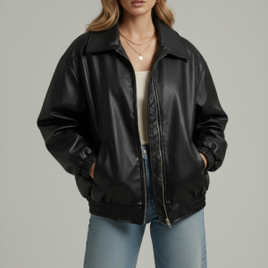 Automet Women Oversized Black Leather Jacket