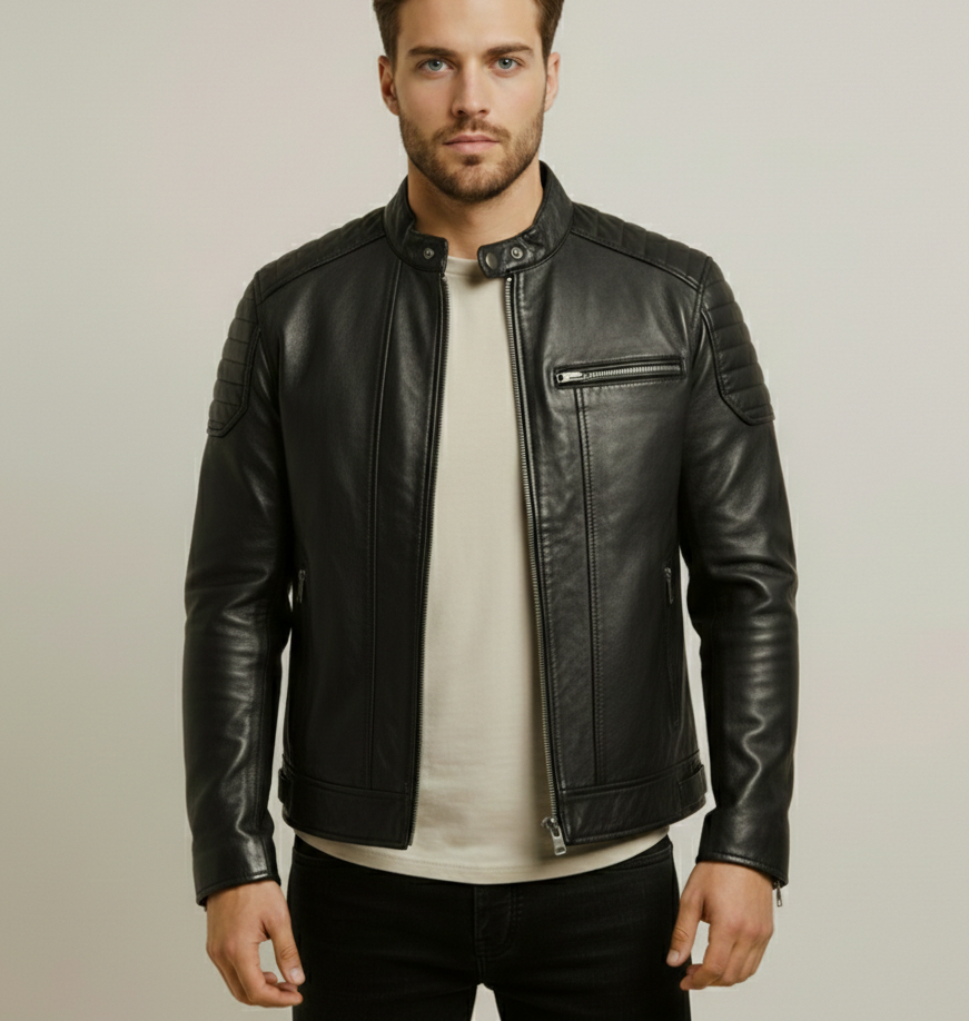 Basic Black Leather Jacket For Men