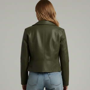 Classic Green Moto Leather Jacket For Women