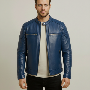 Ivory Blue Leather Jacket For Men