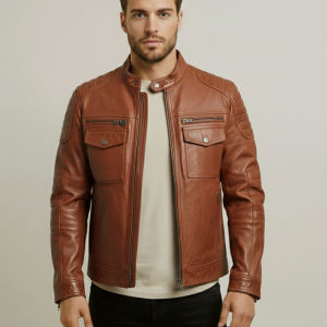 Men Cafe Racer Motorcycle Style Brown Leather Jacket