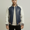 Men’s Genuine Sheepskin Blue White Bomber Jacket