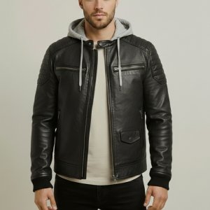 Men’s Motorcycle Black Leather Hooded Jacket