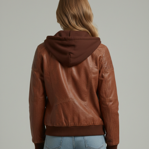 Real Lambskin Brown Bomber Leather Jacket With Removable Hood