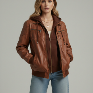 Women Real Lambksin Hooded Brown Leather Jacket