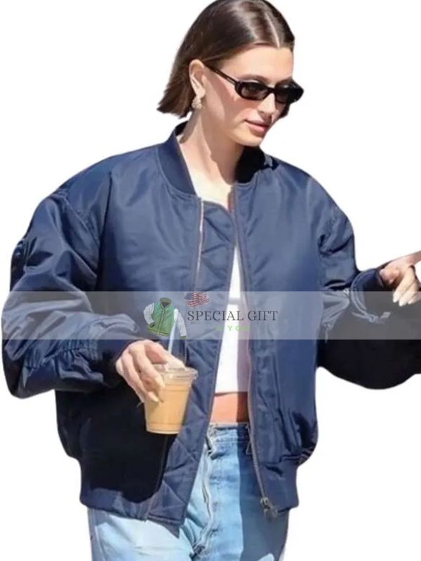 Shop Trendy Hailey Bieber Navy Blue Bomber Jacket
