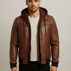 Men Cognac Leather Bomber Jacket With Hood | Special Gift 4you