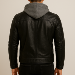 Men's Black Leather Bomber Jacket with Removable Hood