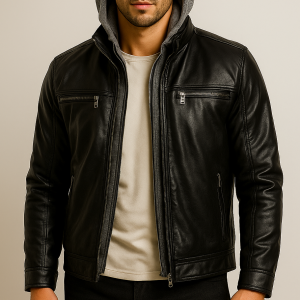Men’s Black Leather Jacket with Removable Gray Hood