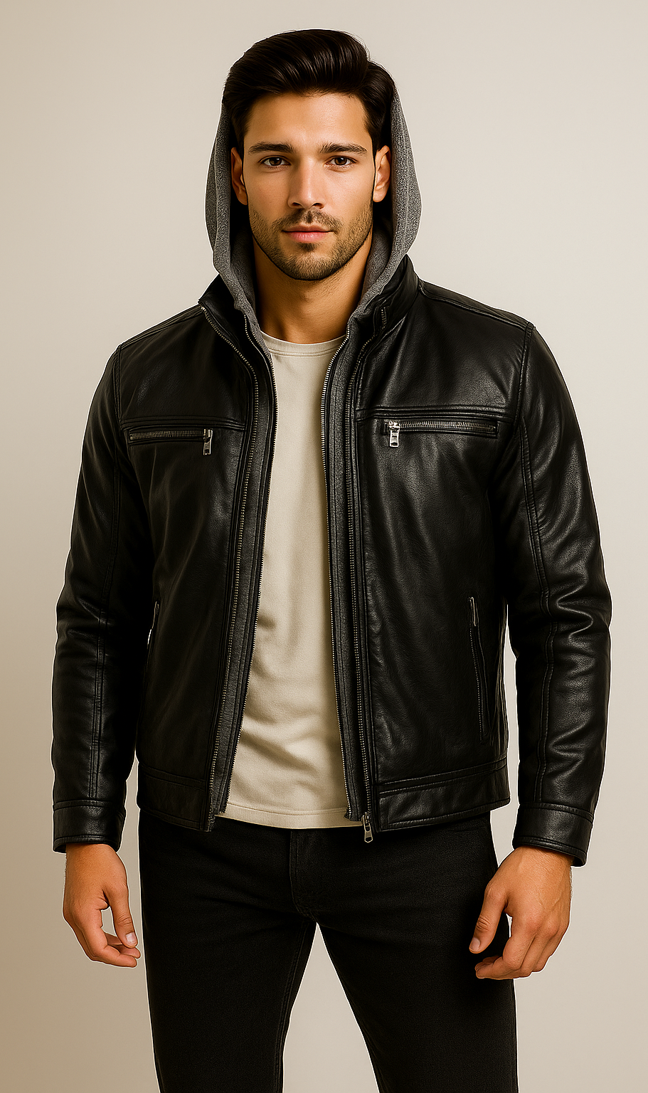 Men’s Black Leather Jacket with Removable Gray Hood