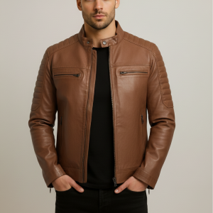 Men's Cafe Racer Camel Brown Leather Jacket | 40% Off Sale