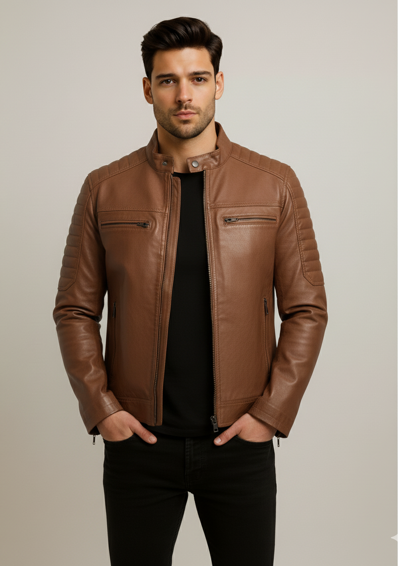 Men's Cafe Racer Camel Brown Leather Jacket | 40% Off Sale