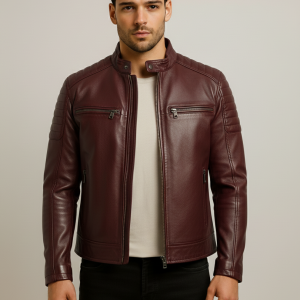 Mens Real Leather Quilted Shoulder Burgundy Biker Jacket